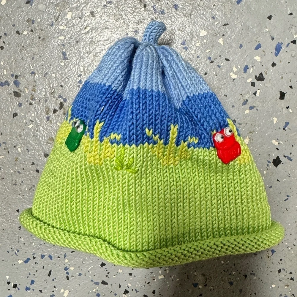 Baby Knit Hat With Frog Appliqué